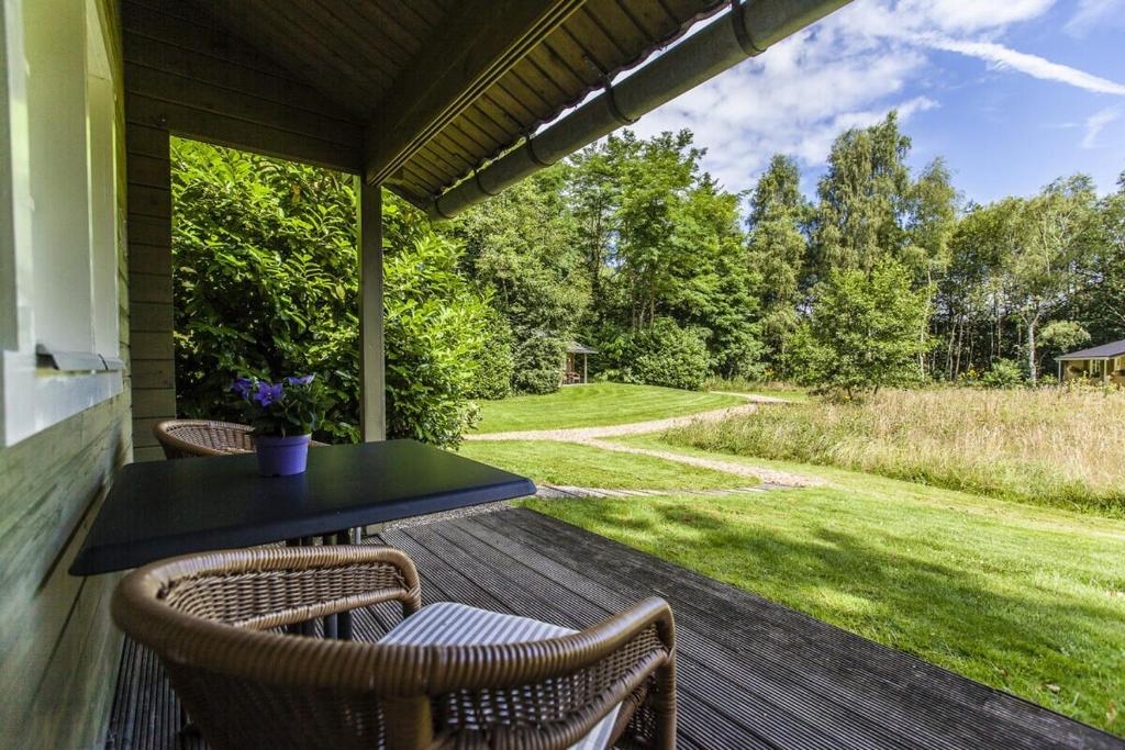 een veranda met een tafel en stoelen en een tuin bij reiger in Appelscha