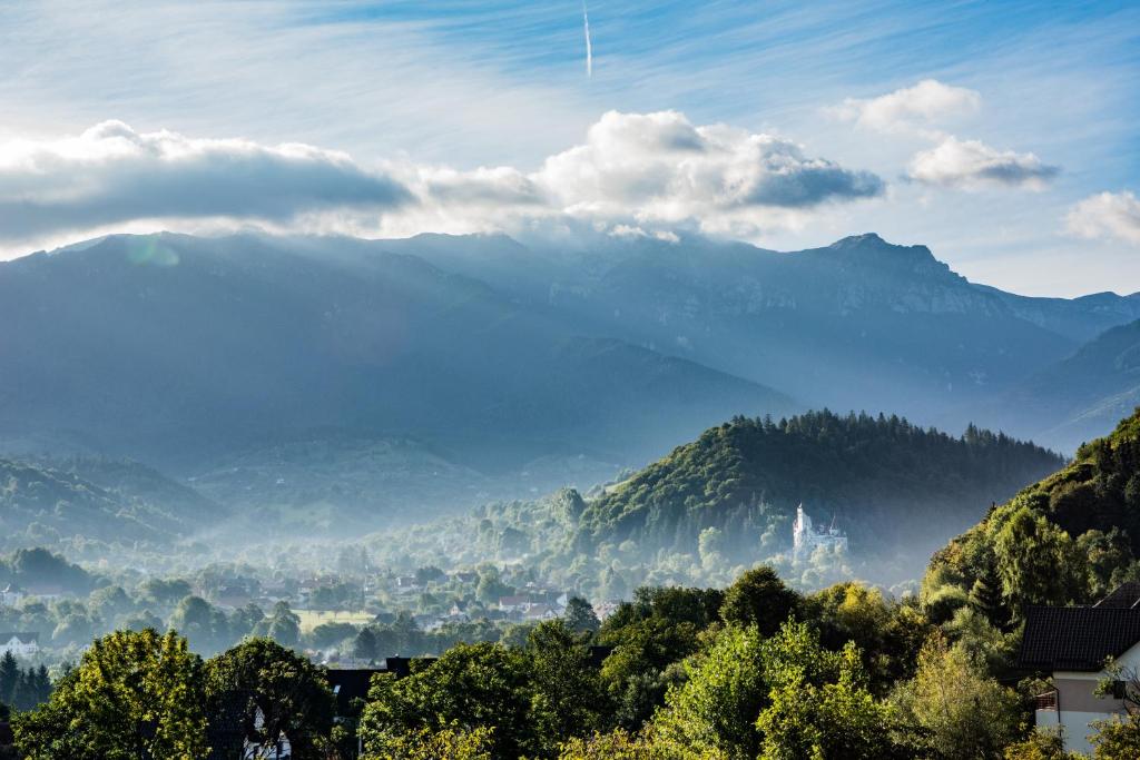 uma vista para um vale com montanhas à distância em Transylvanian Inn em Bran