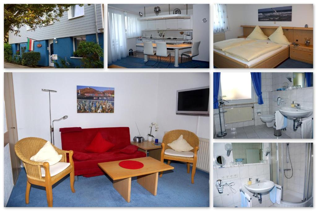 a collage of four pictures of a living room at Haus Hilligen Lunn in Helgoland