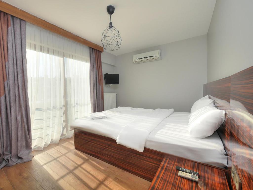イスタンブールにあるBlueway Hotel Residenceのベッドルーム(大型ベッド1台、大きな窓付)