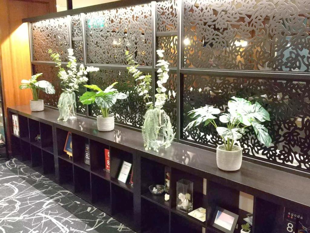 a shelf with a bunch of plants in vases at Hotel Abest Naha Kokusaidori in Naha
