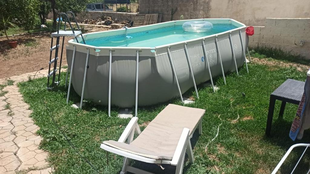 villetta immersa nell'agrumeto في نوتو مارينا: حمام سباحة في العشب مع كرسي وطاولة