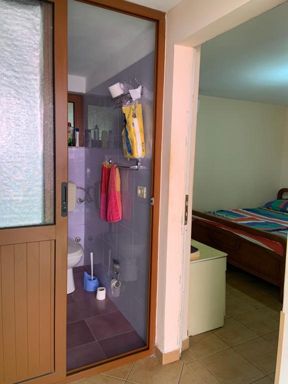 a bathroom with a shower with a toilet and a bed at Florians Guesthouse in Shkodër