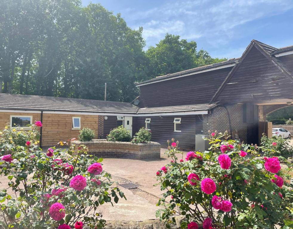 una casa con flores rosas en el patio en The Rose Cottage en Wisborough Green