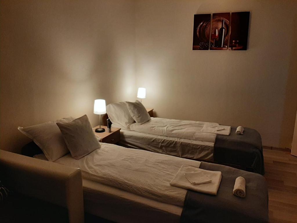 2 Betten in einem Hotelzimmer mit 2 Lampen in der Unterkunft Sunnyrise Apartman in Hódmezővásárhely