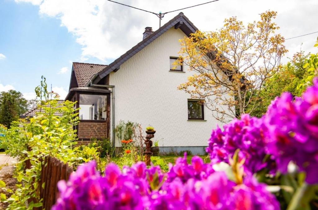una casa blanca con flores rosas delante en Eifelruh, en Hellenthal