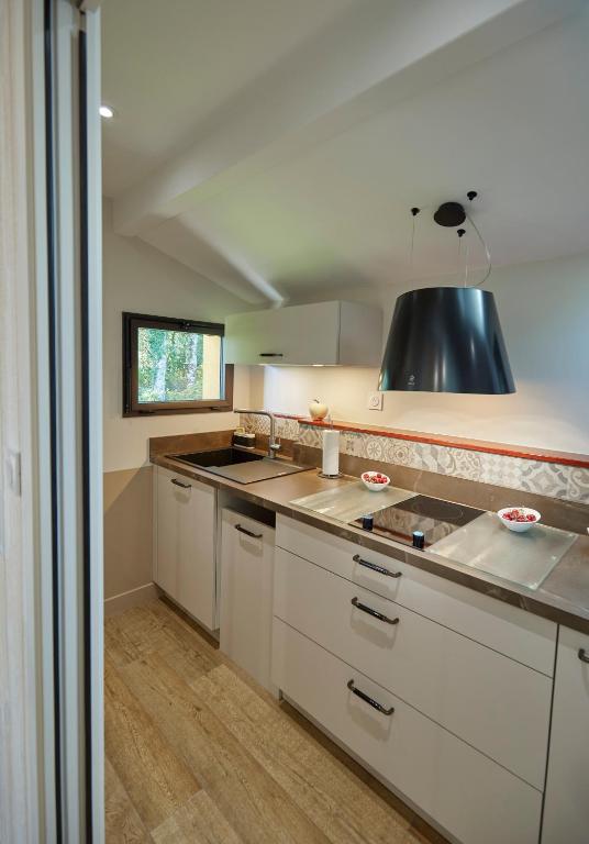 a kitchen with white cabinets and a black hood at Salamandre et Hippocampe in Lanton