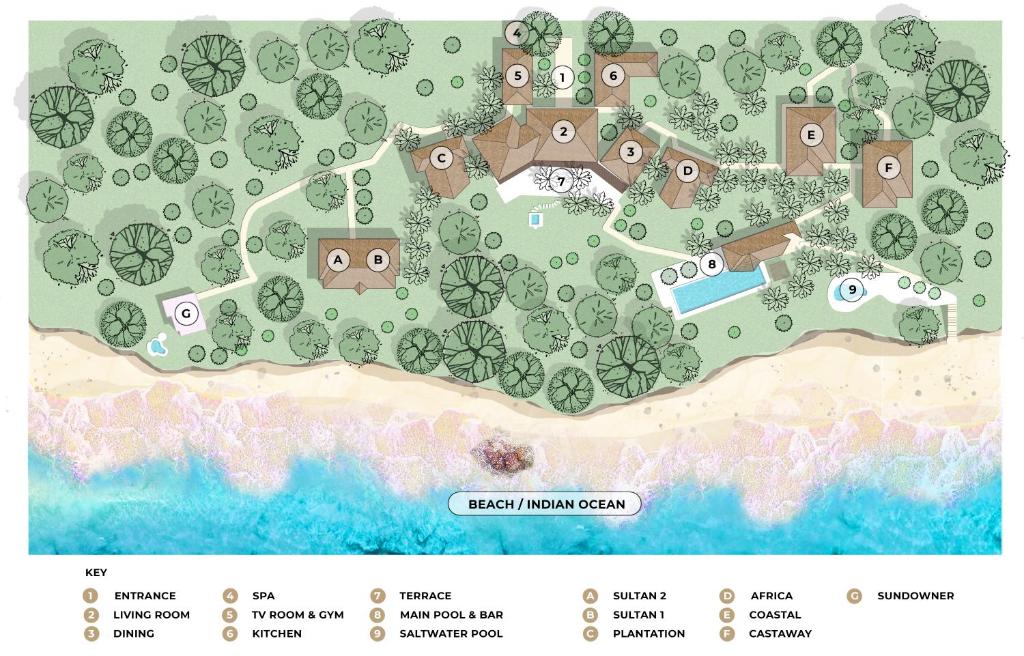 a site plan of a resort on a beach at Qambani Luxury Resort in Michamvi