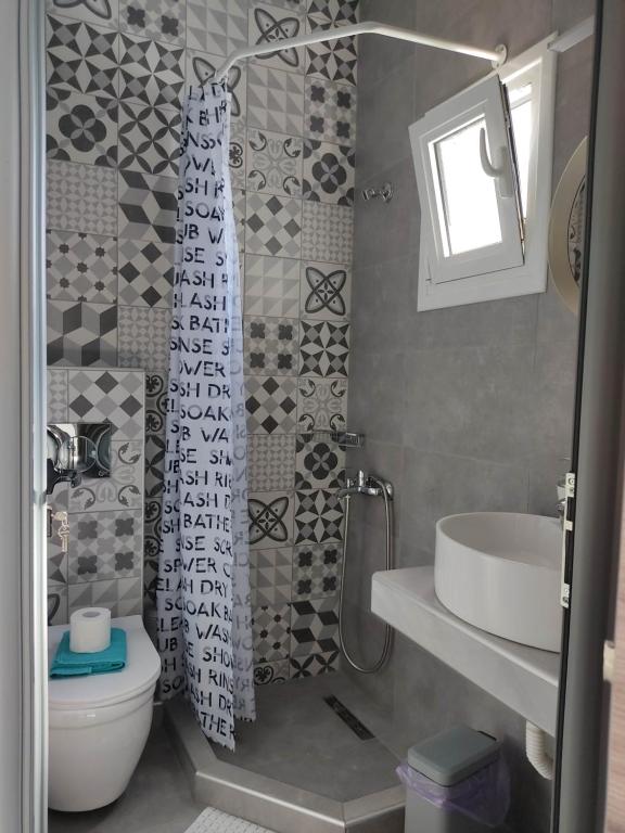 łazienka z umywalką, toaletą i zasłoną prysznicową w obiekcie Mei's luxury apartments w Stavrós