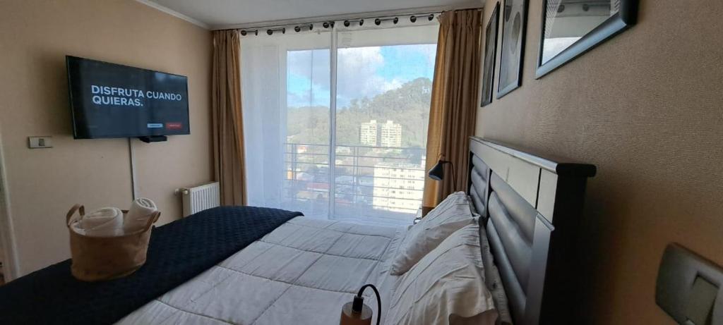 1 dormitorio con 1 cama, TV y ventana en NM ApartHotel Castellon, en Concepción