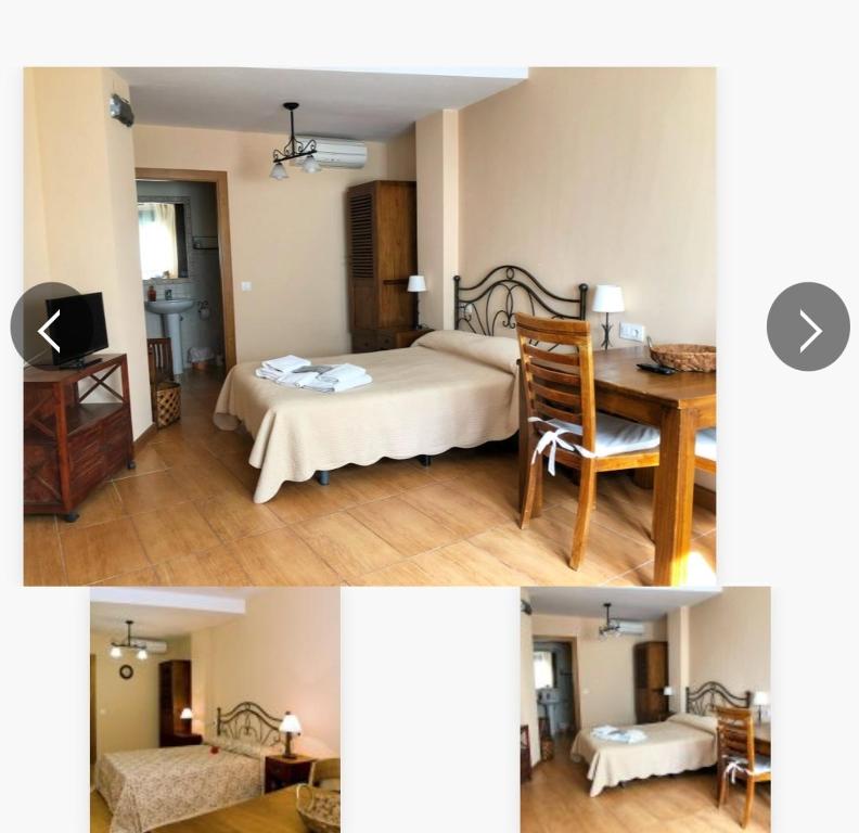 2 fotos de un dormitorio con cama y mesa en Estudio con cocina y baño privado, en Jarandilla de la Vera