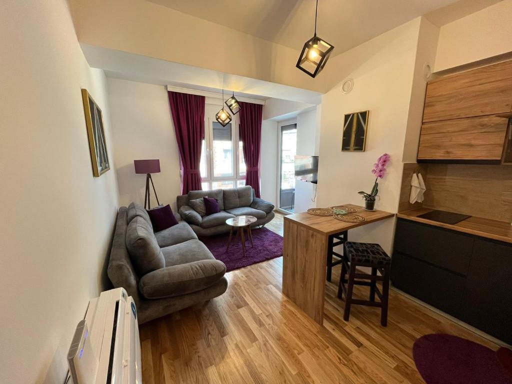 ein Wohnzimmer mit einem Sofa und einem Tisch in der Unterkunft Apartment OLE in Struga