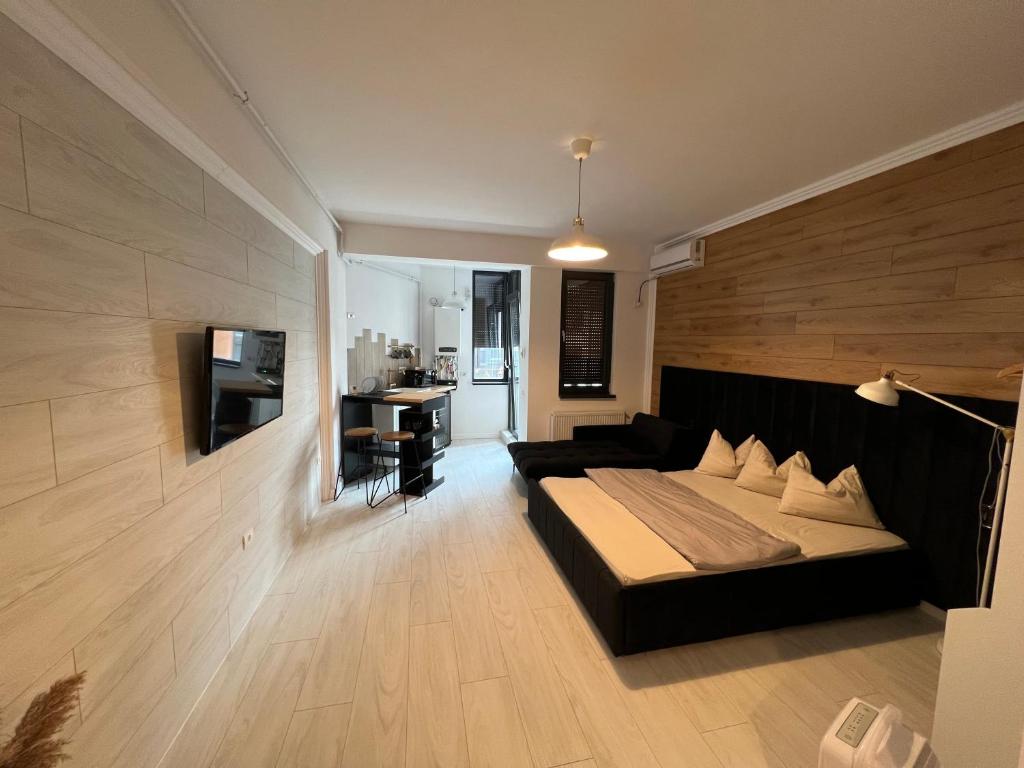 a living room with a bed and a television at Studio 413 Resort Mamaia Nord in Mamaia Sat/Năvodari