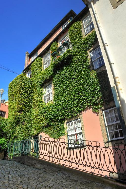 a building covered in green ivy on a street at Casa da Belavista in Porto