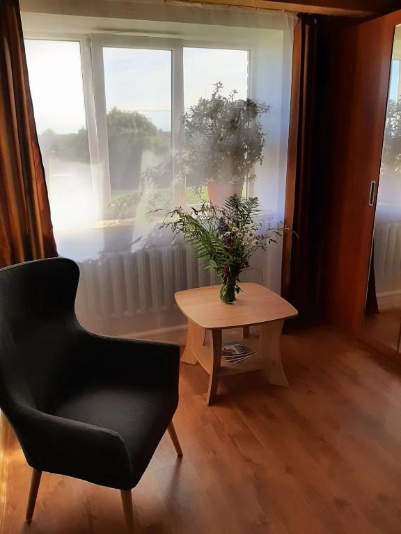a living room with a chair and a table and a window at Dzintaru 97 in Pāvilosta