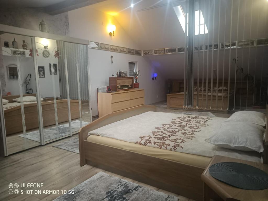 a bedroom with a large bed with a glass wall at Casa Lucescu in Vatra Dornei