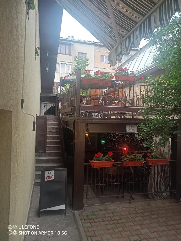 a building with stairs and a balcony with flowers at Casa Lucescu in Vatra Dornei