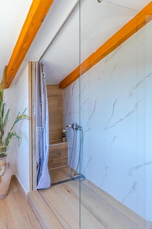 - przeszklony prysznic w pokoju z sufitem w obiekcie Comfortable apartment near Opatija w mieście Matulji