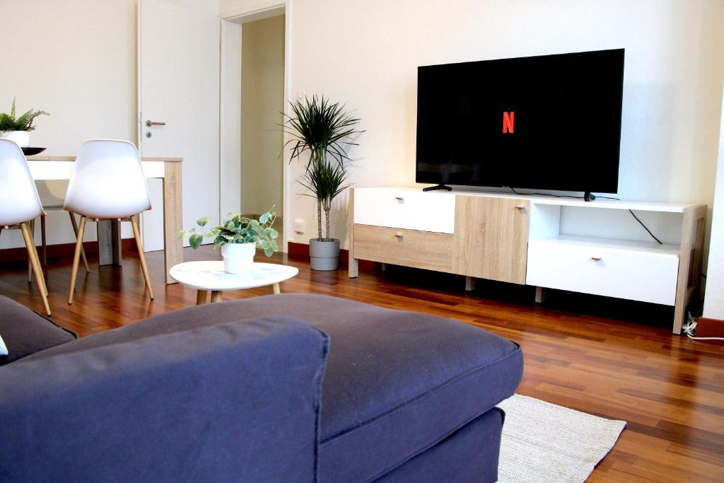 a living room with a couch and a flat screen tv at Cozy apartment with Free Parking & close to Lake in Lugano