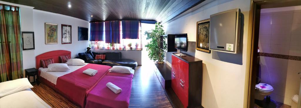 - une chambre avec un lit et une télévision dans l'établissement Villa Bose- Apartmani Luka Šodan, à Brela