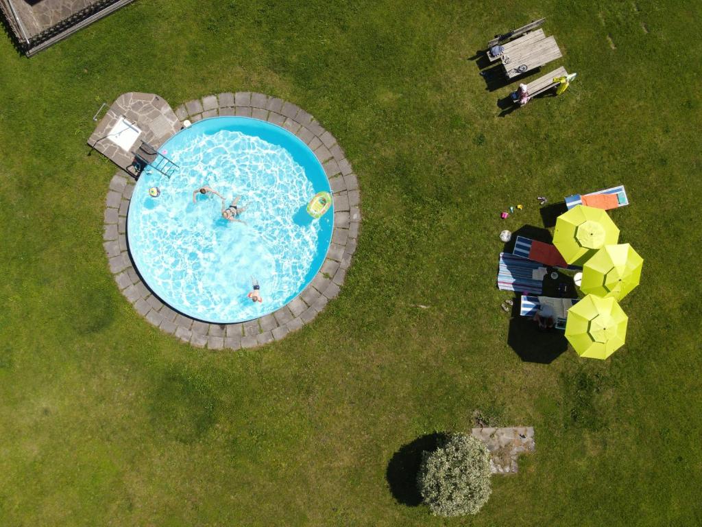 an overhead view of a swimming pool in the grass at Haus Kaser in Goderschach