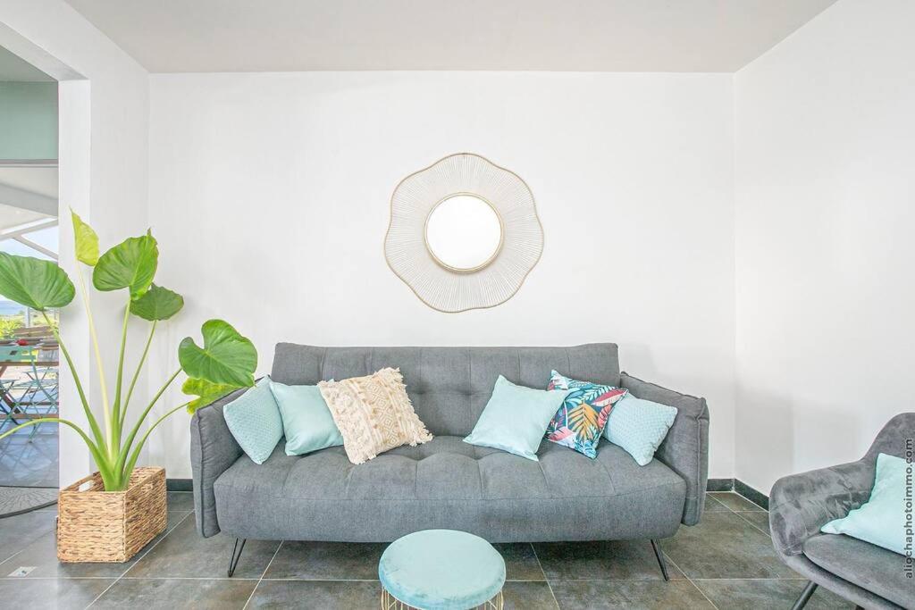 un soggiorno con divano grigio e specchio di Appartement B François a Le François