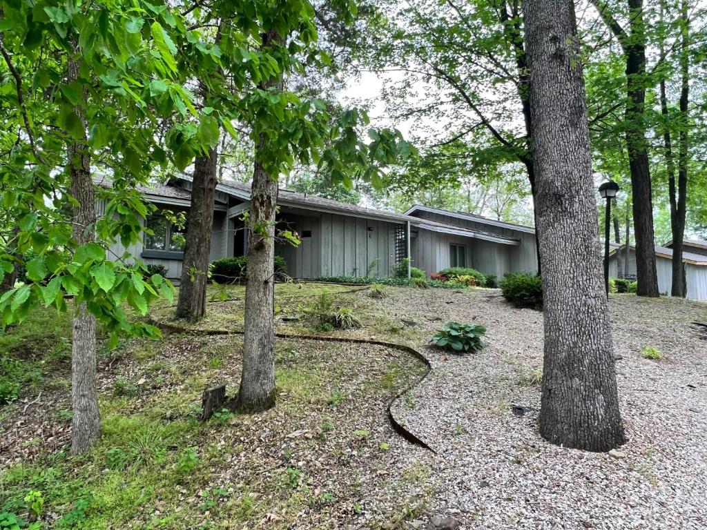 a yard with trees in front of a house at Greens One Vacation Home 36 in Bella Vista