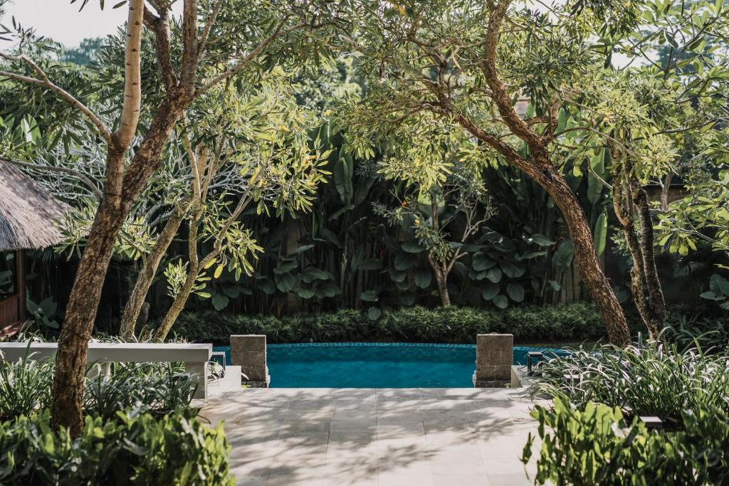 a swimming pool in a garden with trees at The Retreat at Kharista by Ekosistem in Canggu