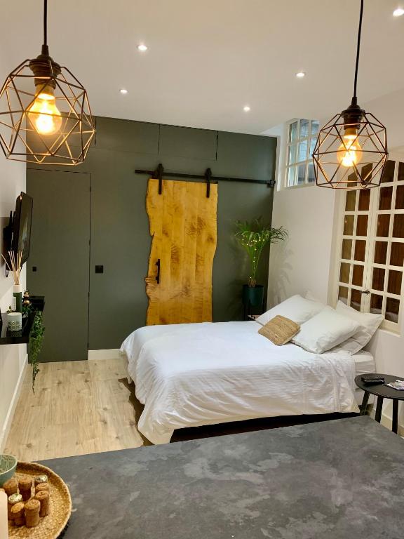 - une chambre avec un grand lit et deux lampes suspendues dans l'établissement Trés jolie Studio Hyper Centre, à Troyes