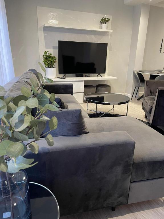 a living room with a couch and a flat screen tv at Brother street apartment in Liepāja
