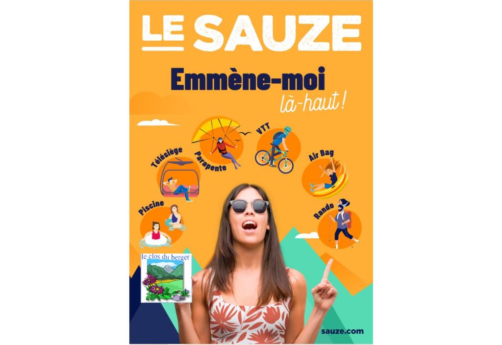 a flyer for a summer vacation with a woman holding a sign at Le Clos Du Berger in Le Sauze