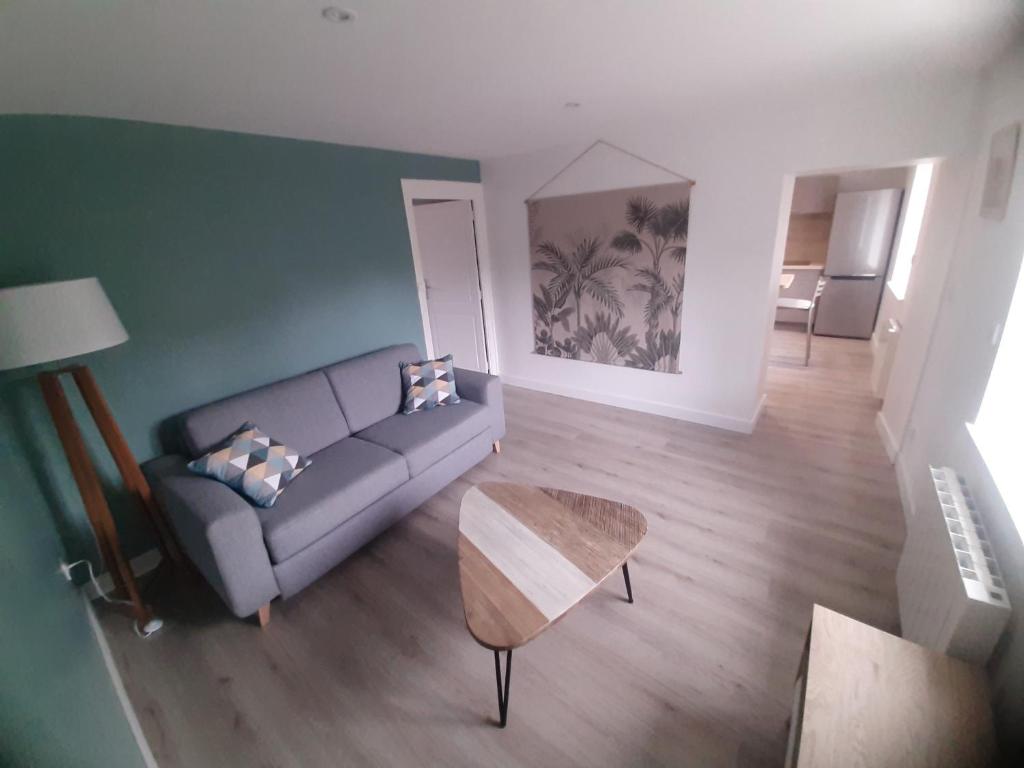 ein Wohnzimmer mit einem Sofa und einem Tisch in der Unterkunft Bel Appartement T2 40 M² in Vaugneray