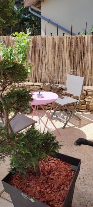 un patio con mesa, sillas y una valla en Le gîte des Pierres Dorées, en Marcilly-dʼAzergues