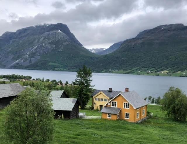 Vang I Valdres的住宿－Steinsvoll Gård，湖畔田野上的黄色房子