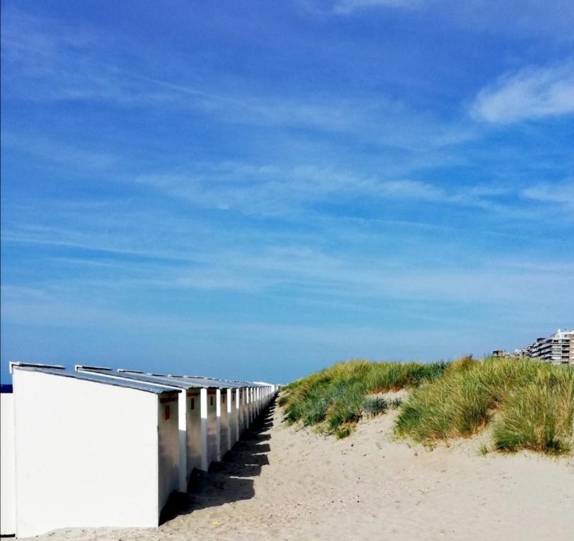 una valla en una playa con un cielo azul en Crèmebol en Nieuwpoort