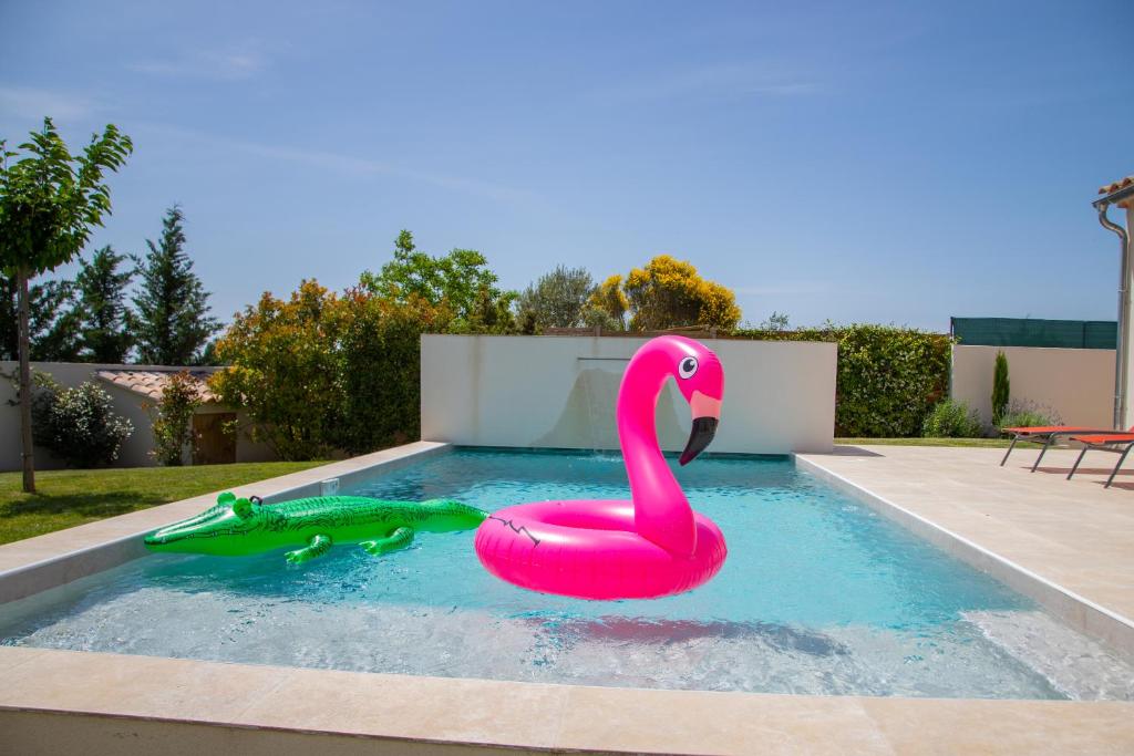a pink flamingo and a frog in a swimming pool at Les Villas des Fontaines in Saumane-de-Vaucluse