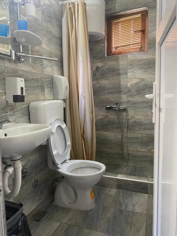 een badkamer met een toilet en een wastafel bij Apartmani Sastavci in Tjentište