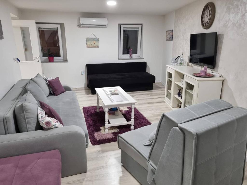 a living room with a couch and a tv at Apartman Nermin in Mostar
