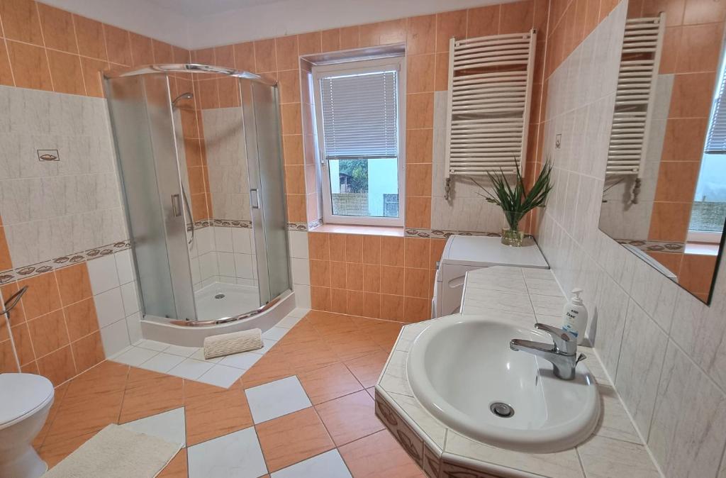Kúpeľňa v ubytovaní Apartament Riviera z widokiem na kanał Augustowski
