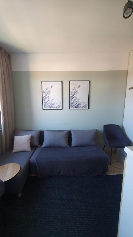 a blue couch in a room with two pictures on the wall at Apartamenty Loft Rooms - centrum, bezpłatny parking in Ełk