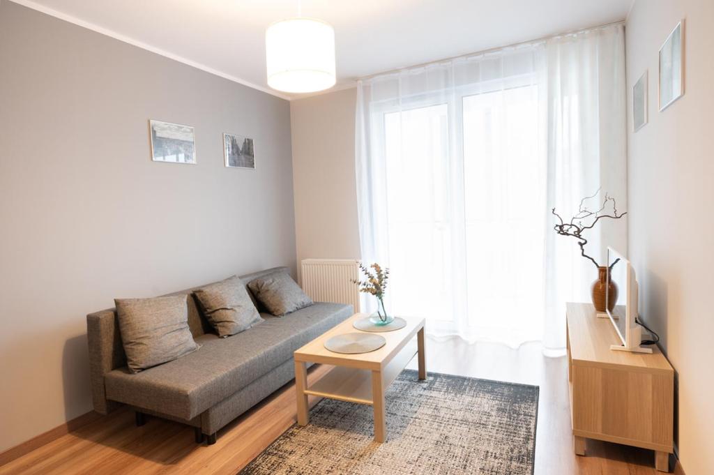 a living room with a couch and a table at Golden Apartments/Op25 in Katowice