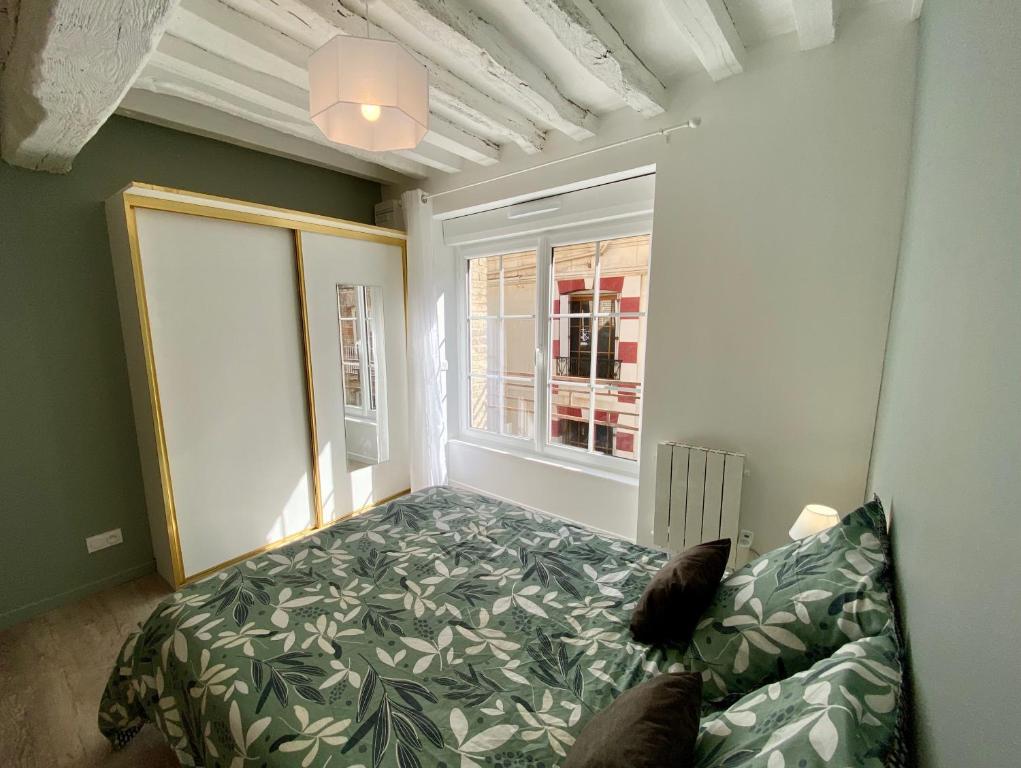 salon z łóżkiem i oknem w obiekcie Le Confort Normand - Sur les quais & proxy plage - Chaleureux - Full équipé & netflix - Parking gratuit w mieście Dieppe
