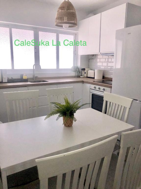 kuchnia ze stołem z doniczką w obiekcie CaleSuka La Caleta w Kadyksie
