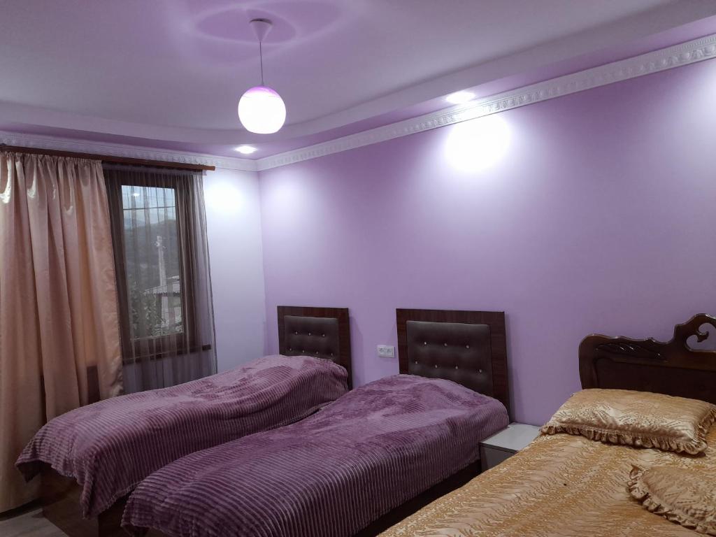 um quarto com 2 camas com lençóis roxos e uma janela em Alex BnB em Tatev