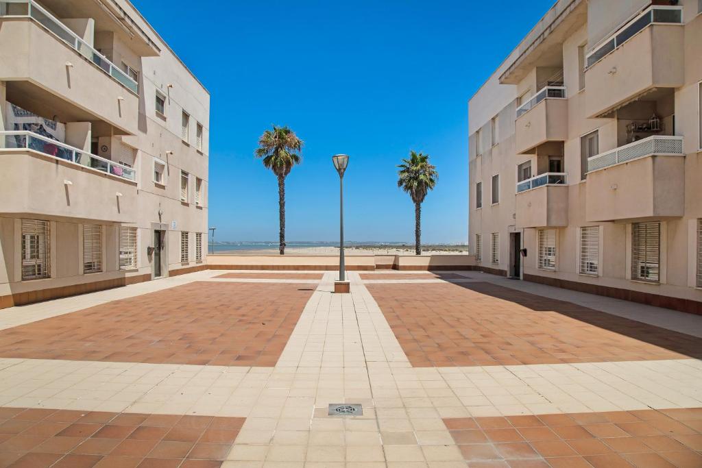 dziedziniec z palmami i światłem ulicznym w obiekcie Apartamento Colibri w mieście Puerto Real