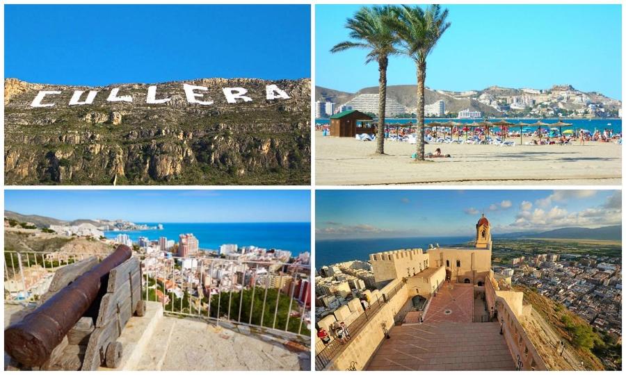 eine Collage mit Bildern einer Stadt und eines Strandes in der Unterkunft Cullera Terra i Mar in Faro de Cullera