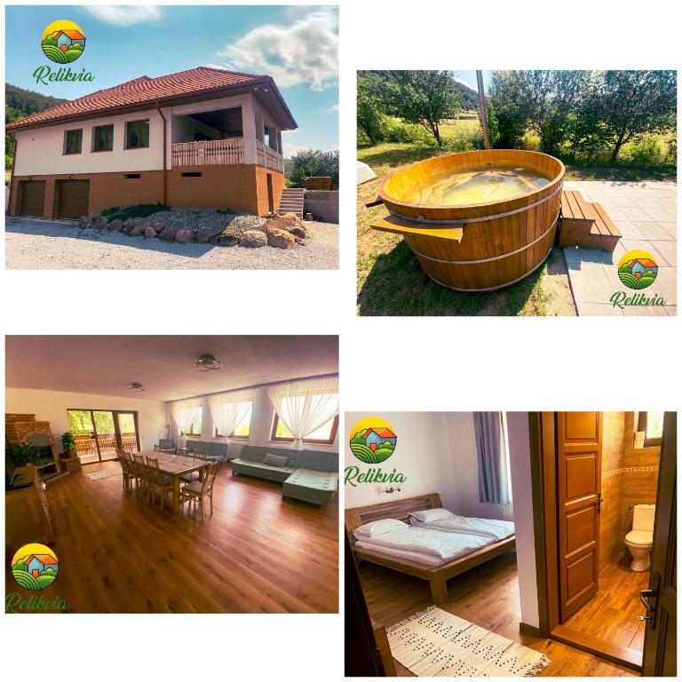 a collage of pictures of a house and a tub at Relikvia in Sovata