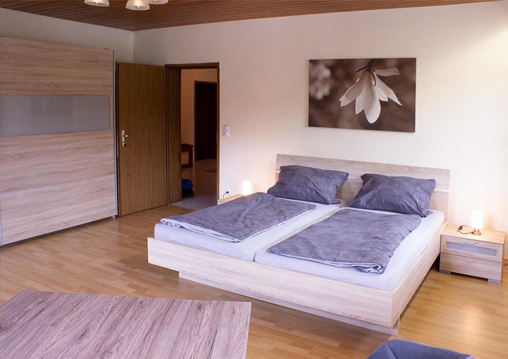 um quarto com uma cama grande e almofadas azuis em Schöne Ferienwohnung mit großer Terrasse. em Schmidmühlen