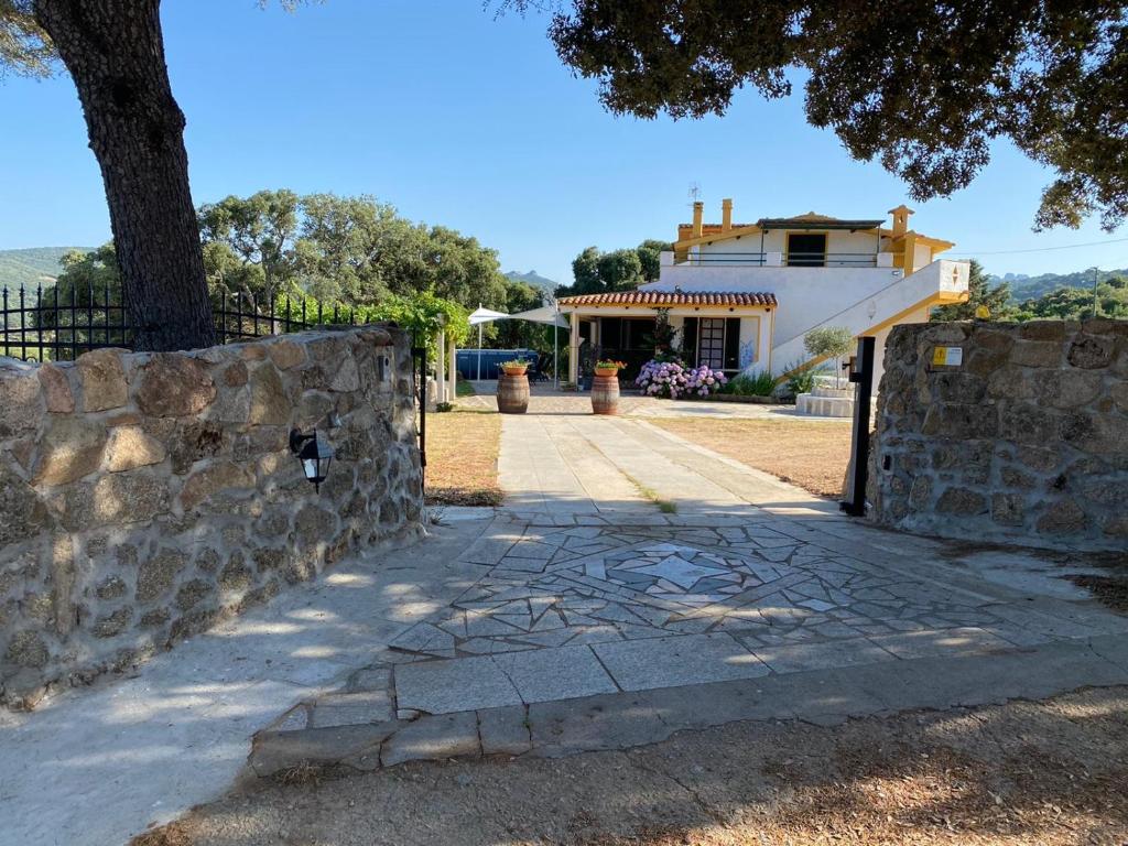 a stone wall next to a house with a tree at Casa di Campagna in Gallura in Luogosanto
