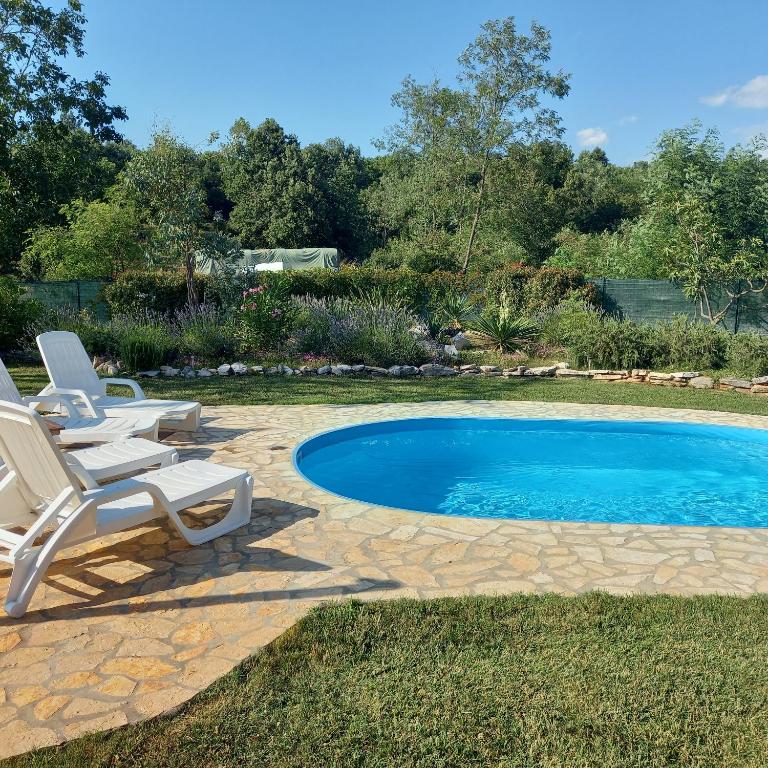 a swimming pool with two lawn chairs and a swimming pool at Villa Malini in Grožnjan